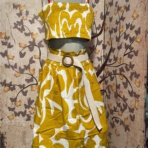 Women's Mustard Yellow & White Printed Two-Piece Skirt Set